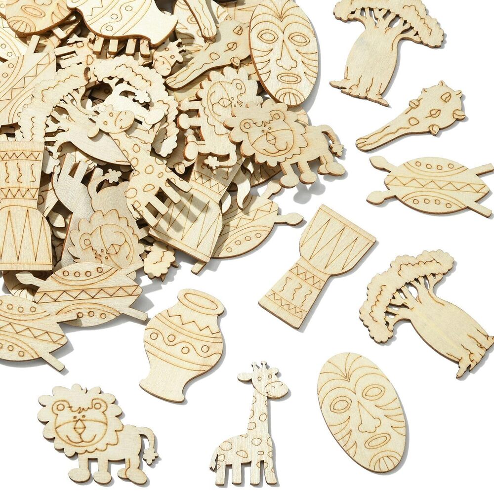 9077 100 pcs Mixed Styles Grassland Animal Theme Unfinished Wooden Cutout